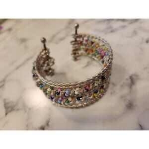 Vintage Colorful Beaded Silver-Toned Adjustable Cuff Bracelet